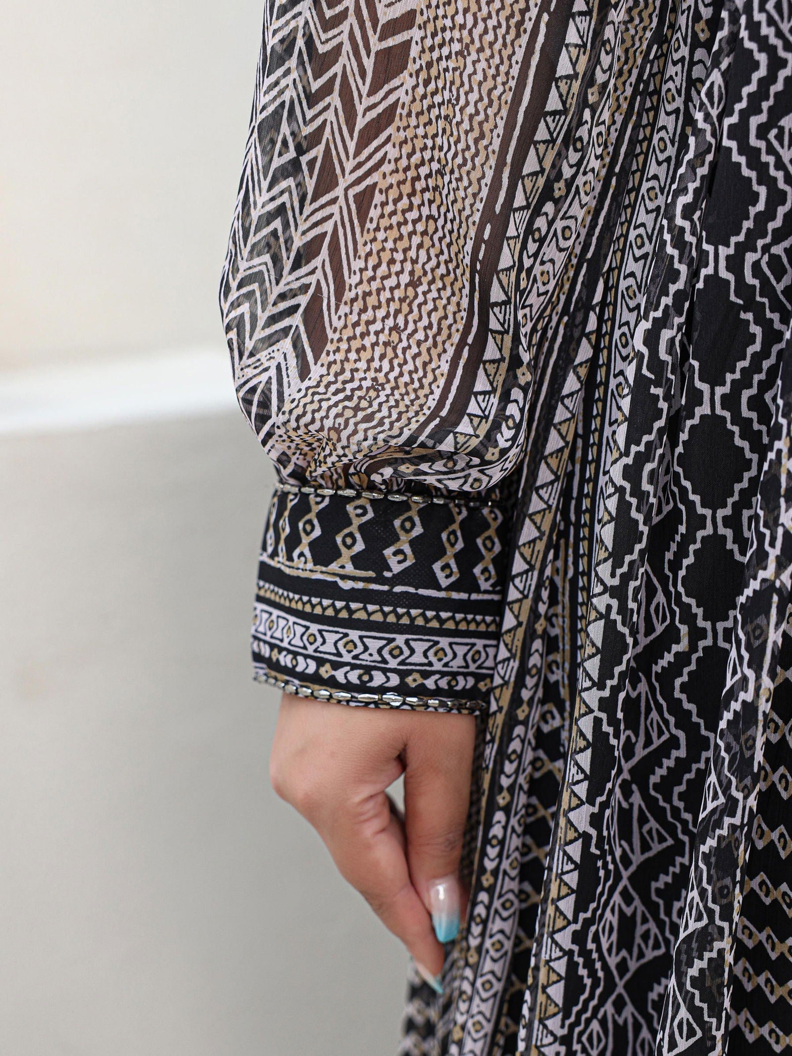 Juniper Black Abstract Printed Chiffon Flared Maxi Dress.