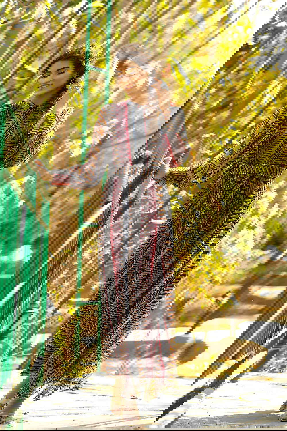 Juniper Black Abstract Printed Chiffon Flared Maxi Dress With Buttons.