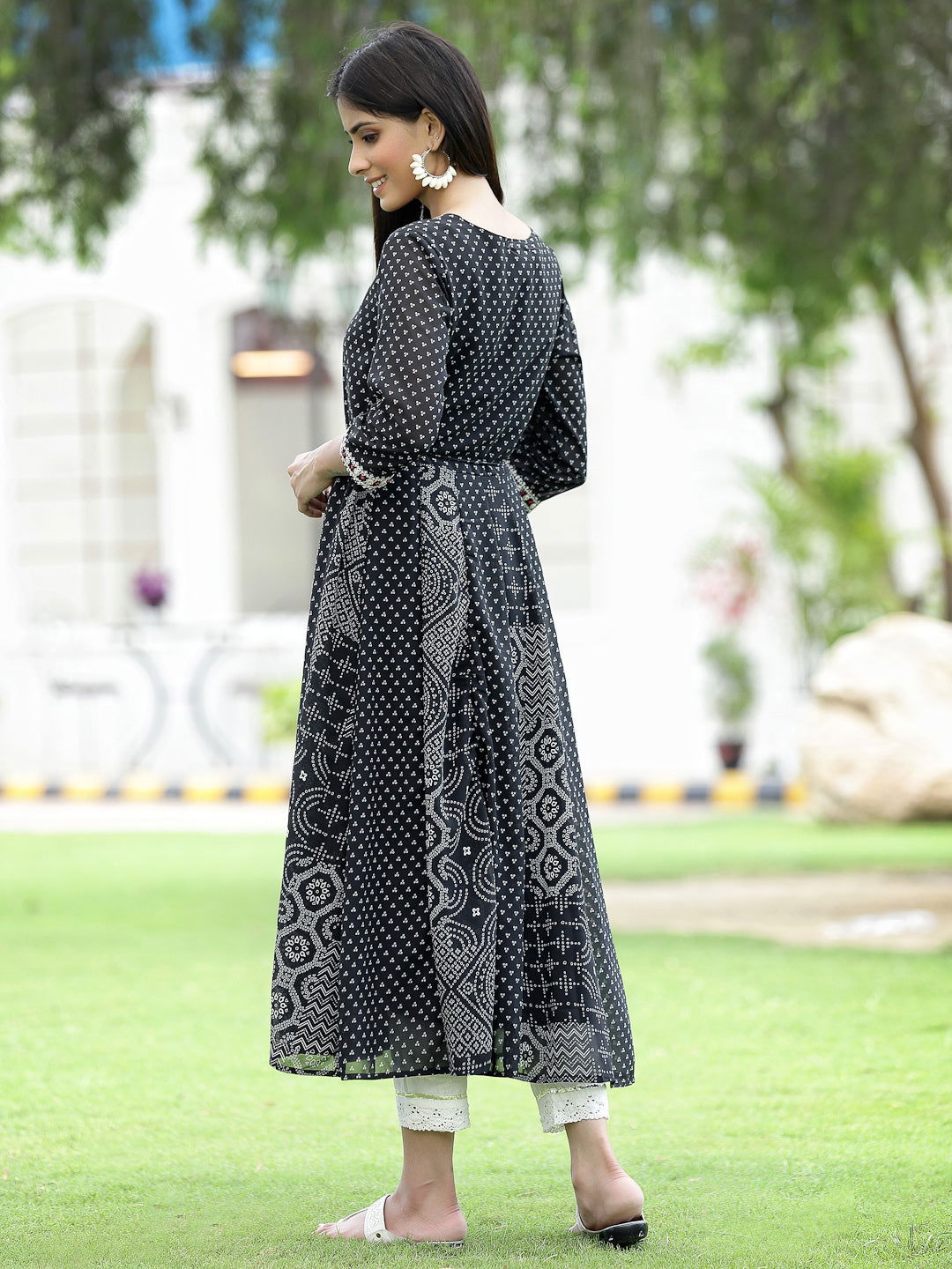 Juniper Black Bandhani Printed Georgette Anarkali Women Kurta