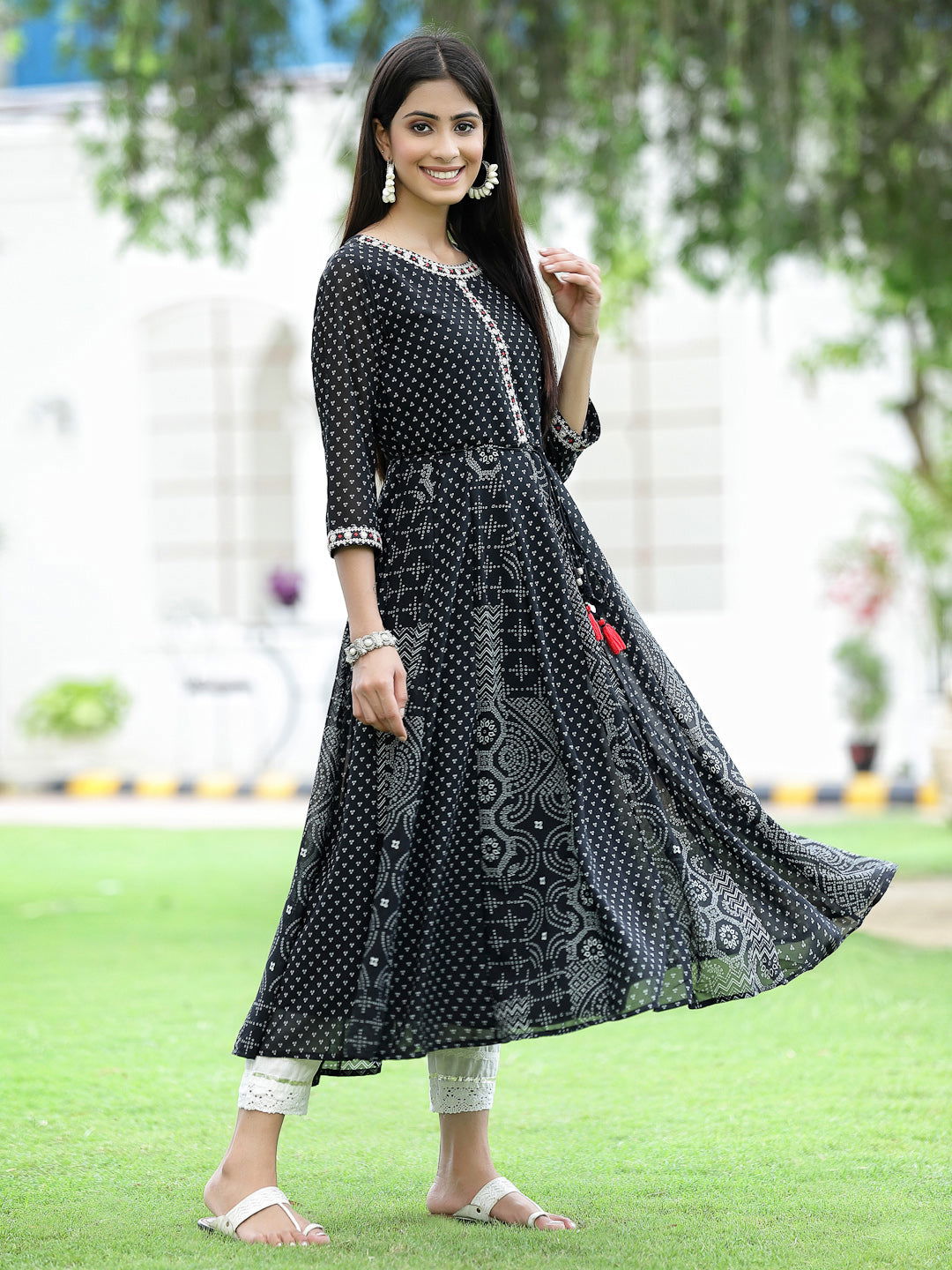 Juniper Black Bandhani Printed Georgette Anarkali Women Kurta