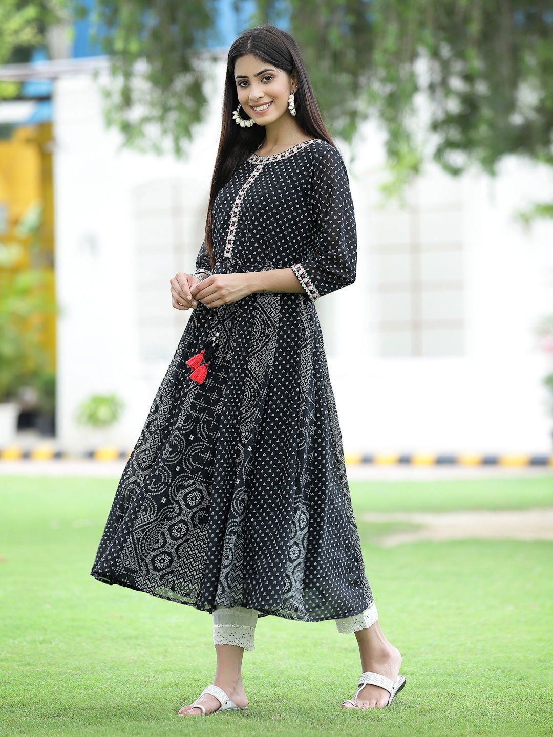 Juniper Black Bandhani Printed Georgette Anarkali Women Kurta