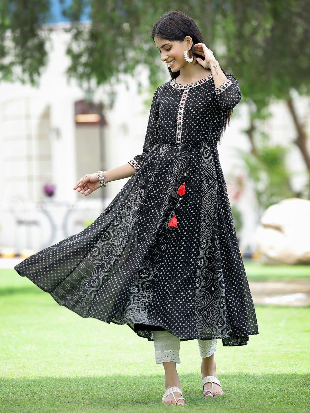 Juniper Black Bandhani Printed Georgette Anarkali Women Kurta