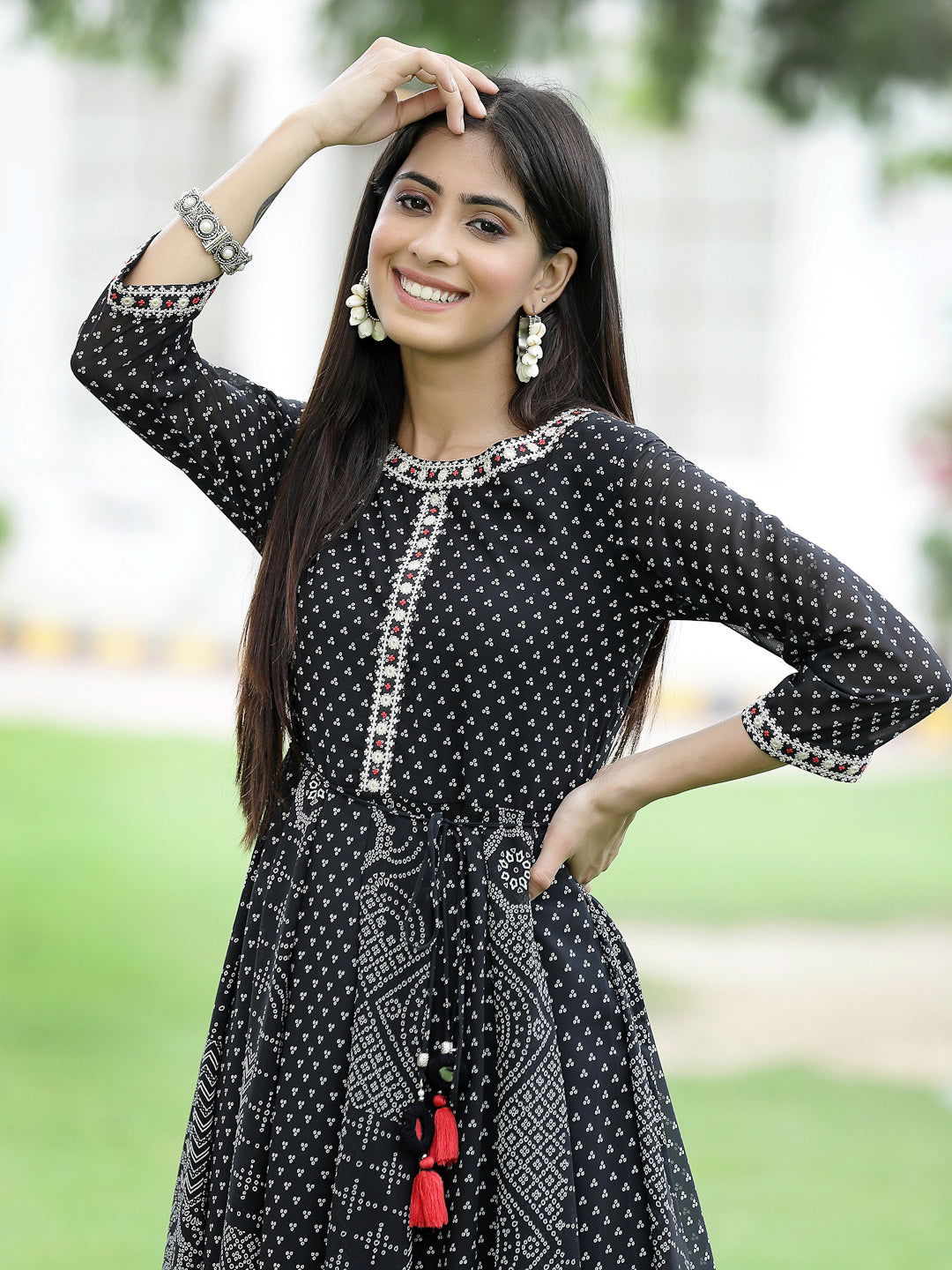Juniper Black Bandhani Printed Georgette Anarkali Women Kurta