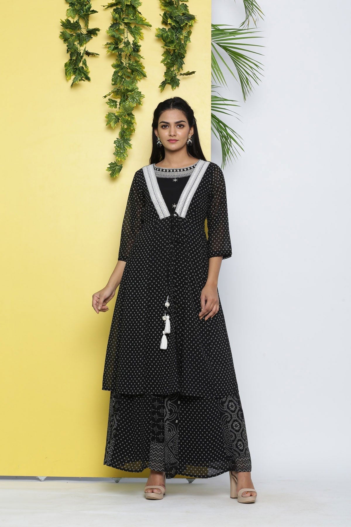 Juniper Black Bandhani Printed Georgette Shrug With Mirror Work & Lace