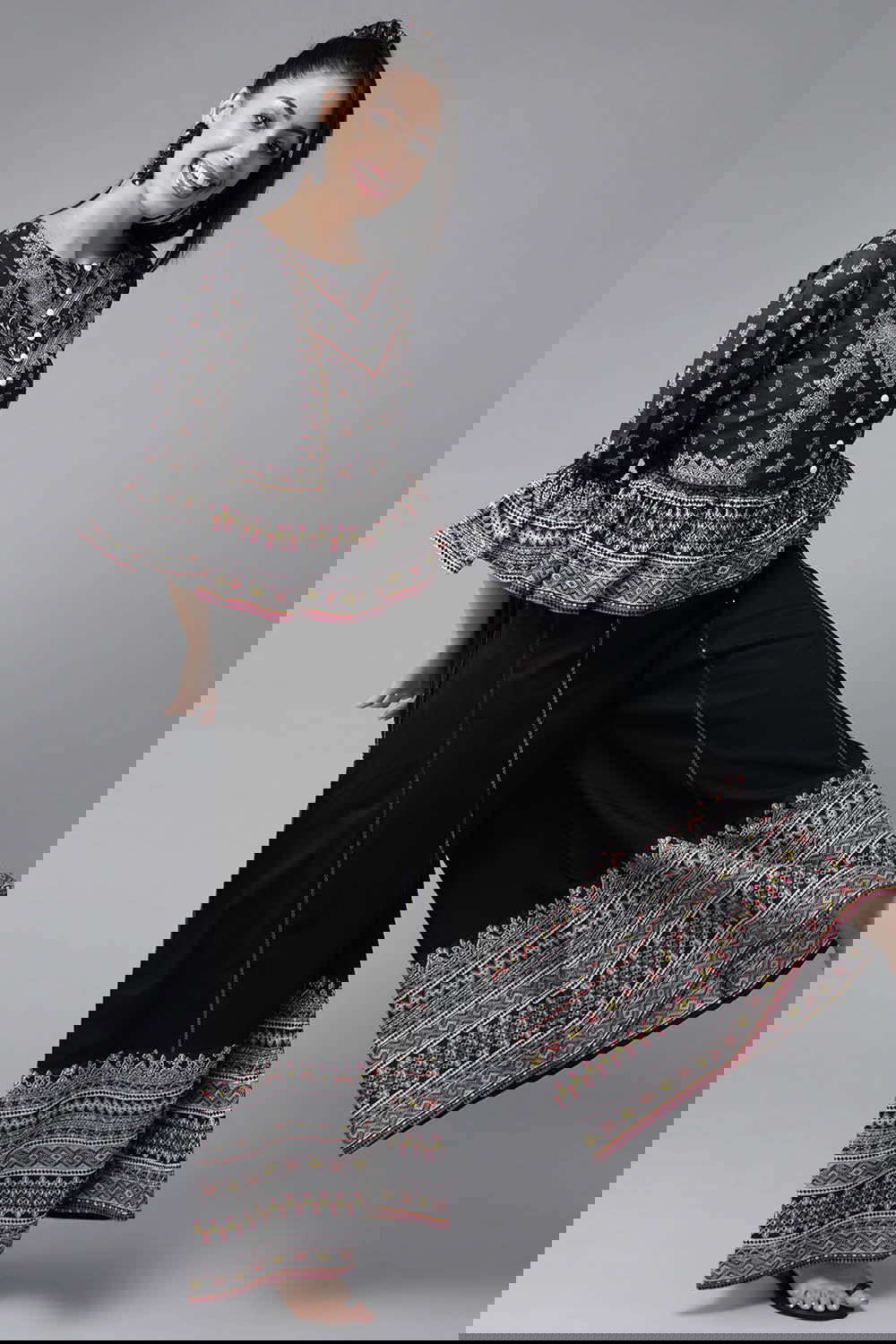 Juniper Black Cambric Floral Print Crop-Top Palazzo Set With Rubber-Band