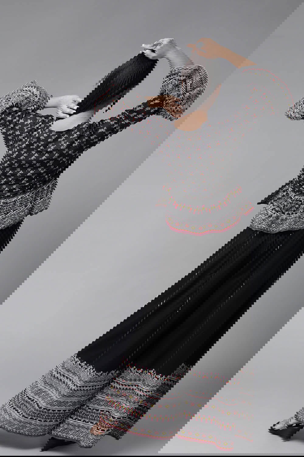 Juniper Black Cambric Floral Print Crop-Top Palazzo Set With Rubber-Band