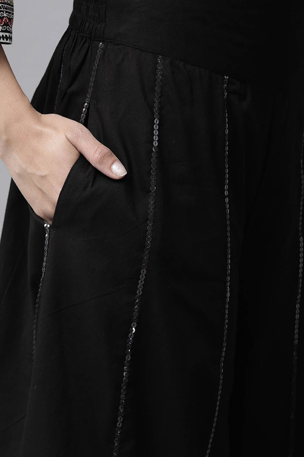 Juniper Black Cambric Floral Print Crop-Top Palazzo Set With Rubber-Band