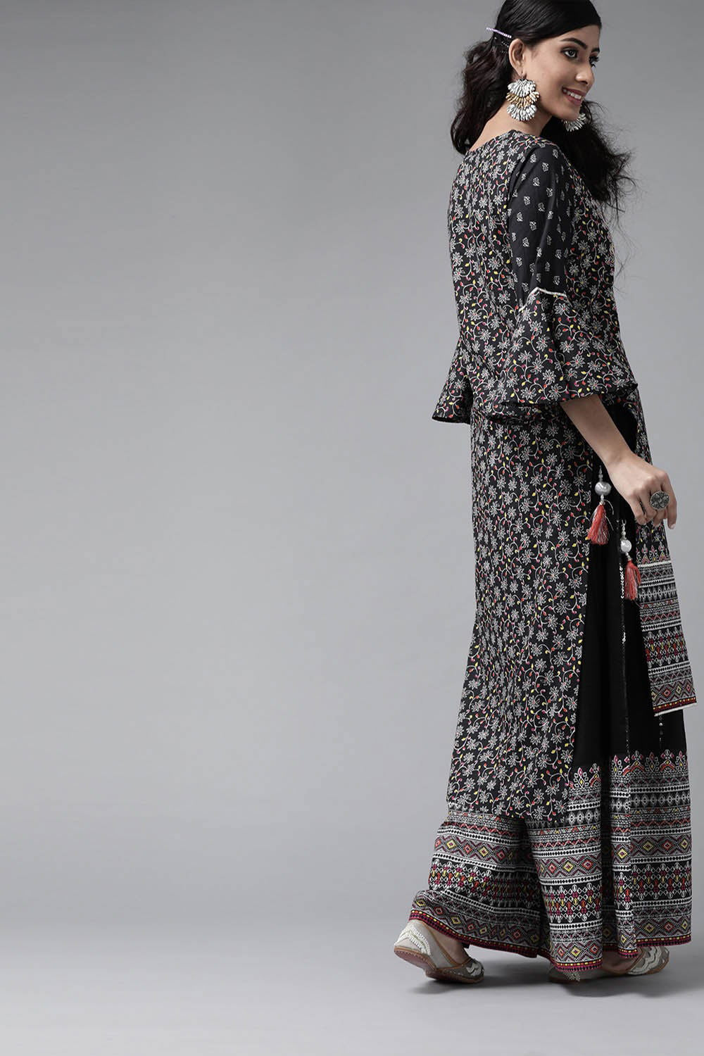 Juniper Black Cambric Floral Print High-Low Kurta Palazzo Set