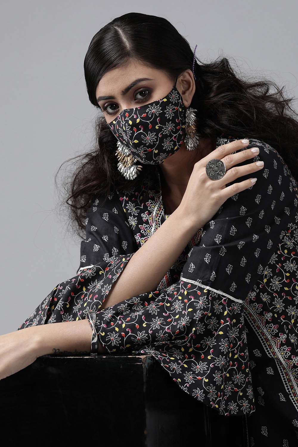 Juniper Black Cambric Floral Print High-Low Kurta Palazzo Set