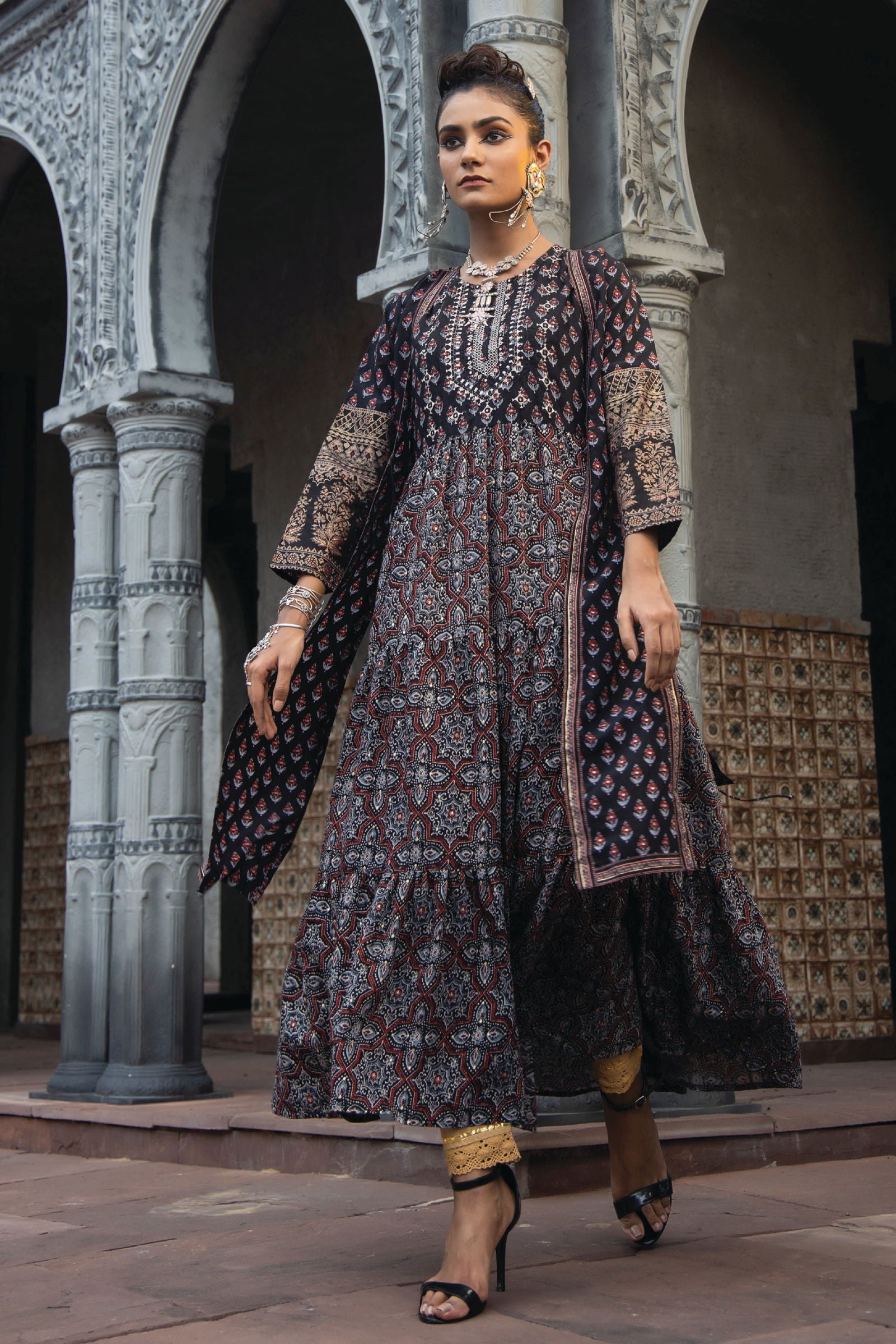 Juniper Black Chanderi Festive Printed Tiered Kurta For Women