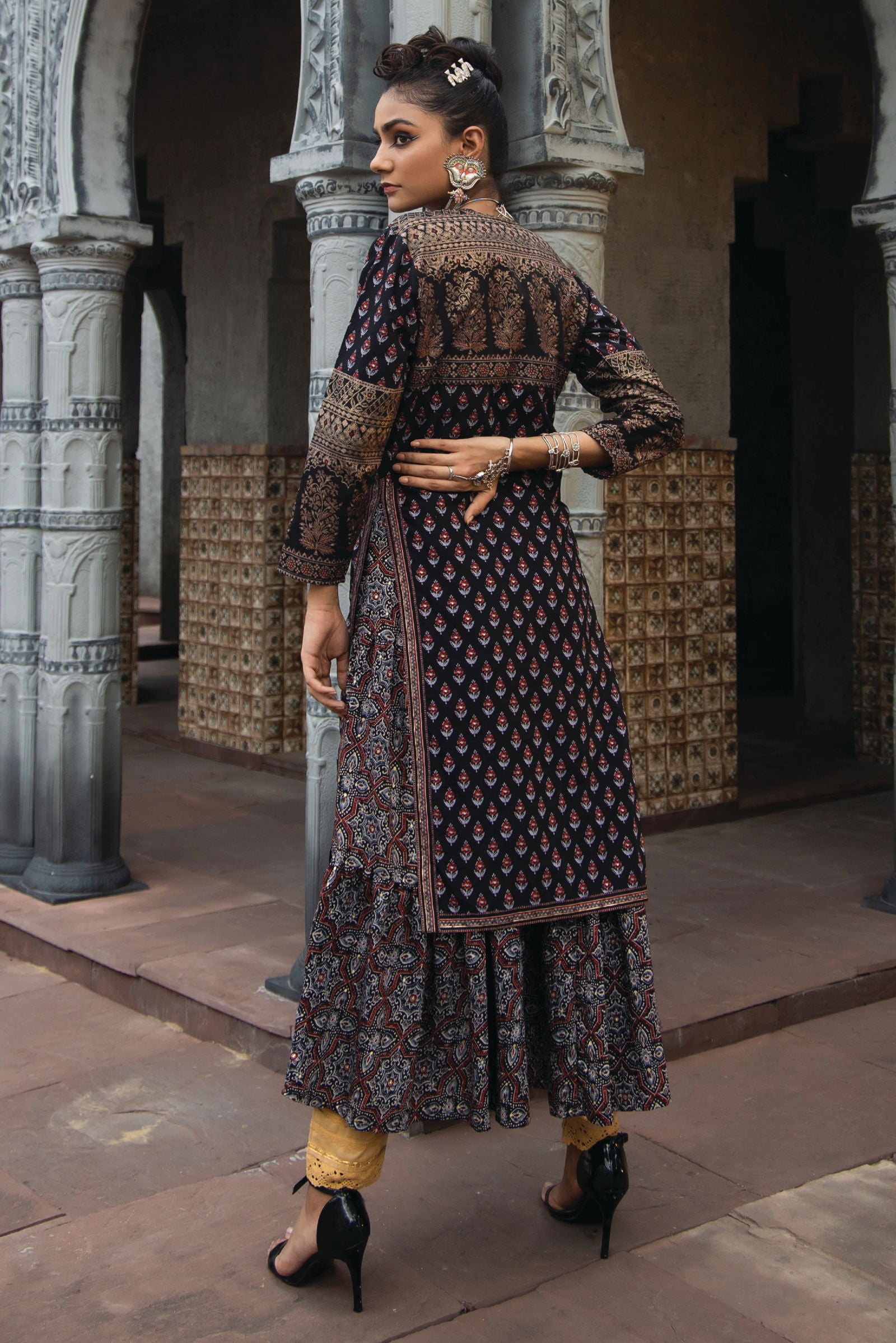 Juniper Black Chanderi Festive Printed Tiered Kurta For Women
