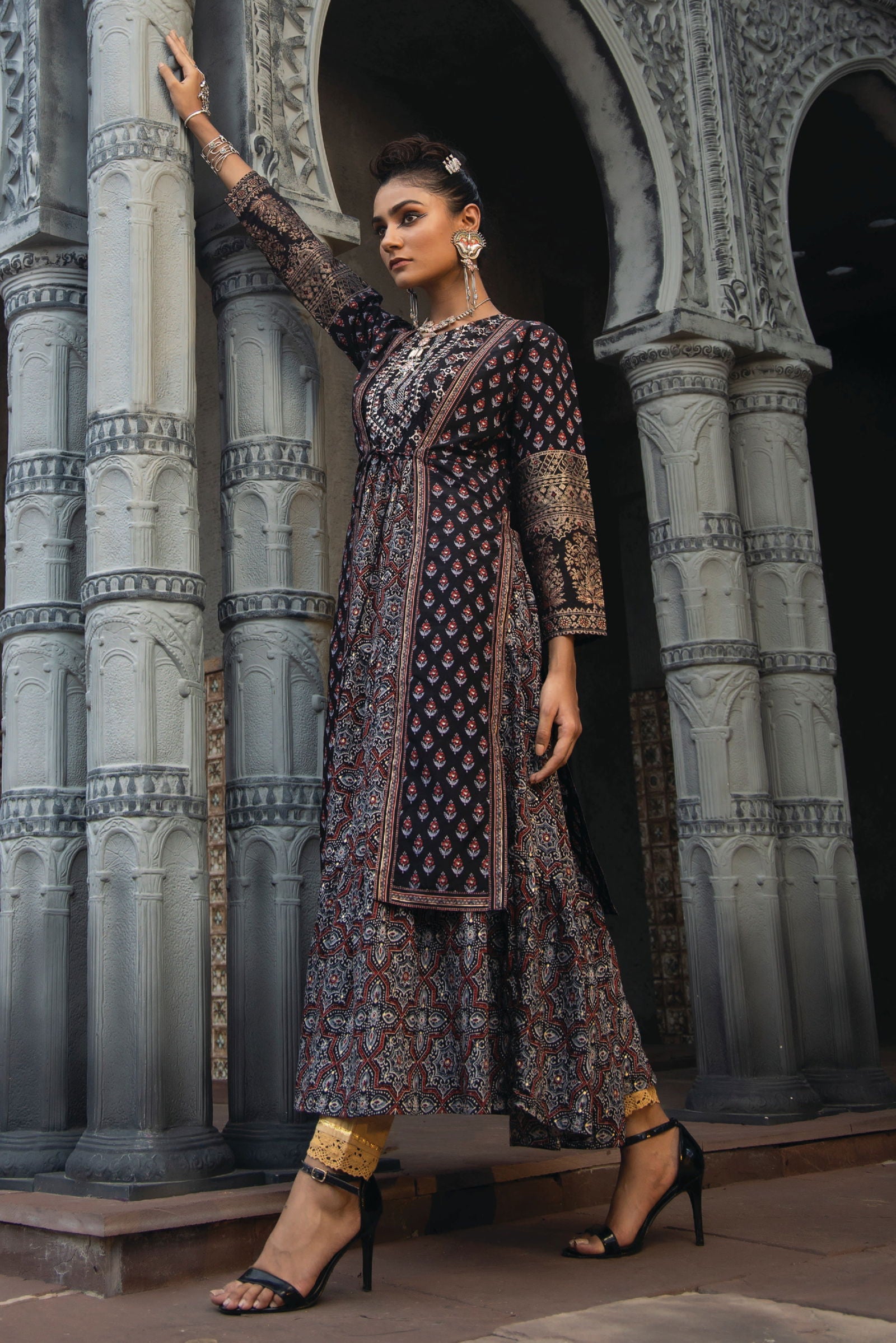 Juniper Black Chanderi Festive Printed Tiered Kurta For Women