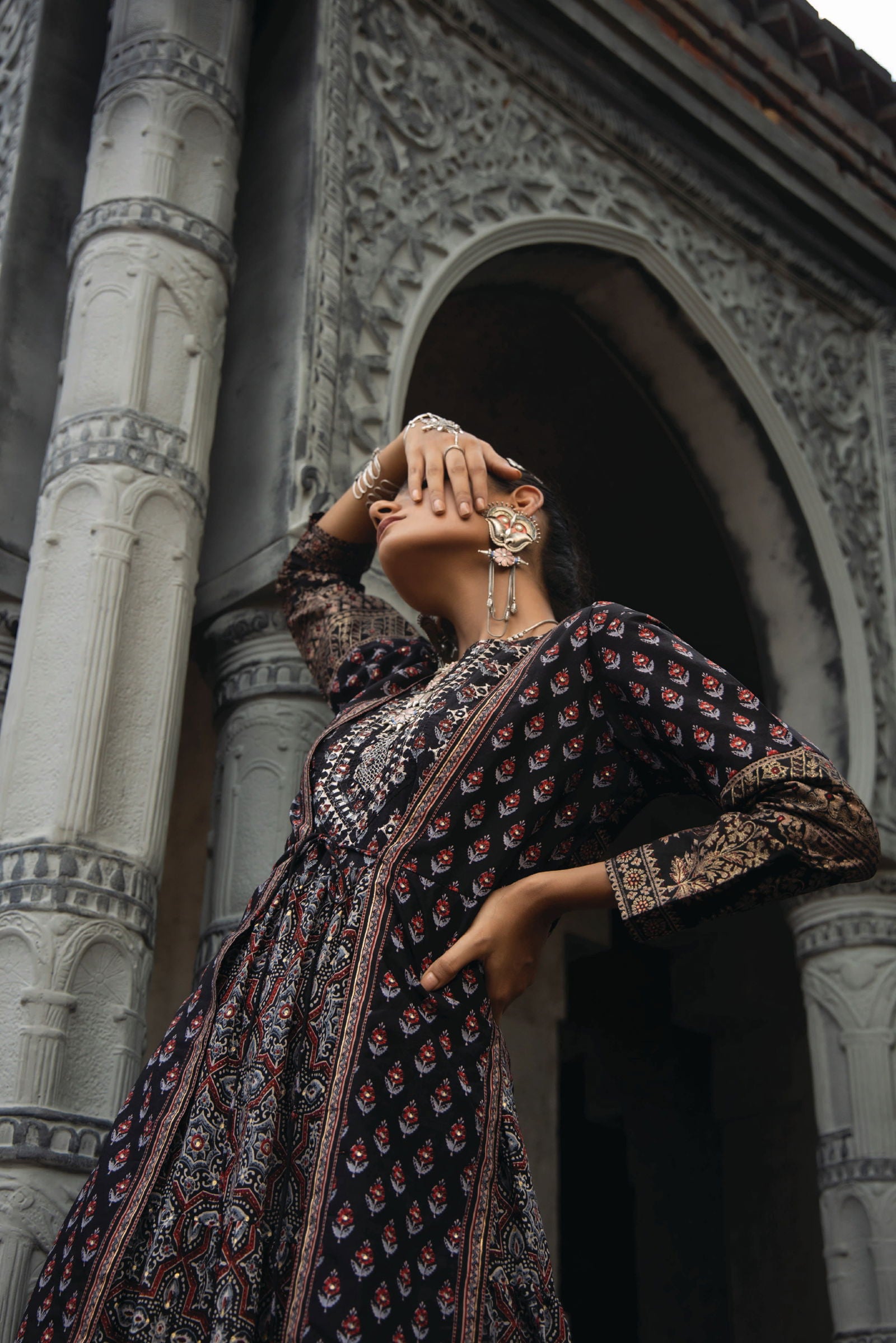 Juniper Black Chanderi Festive Printed Tiered Kurta For Women