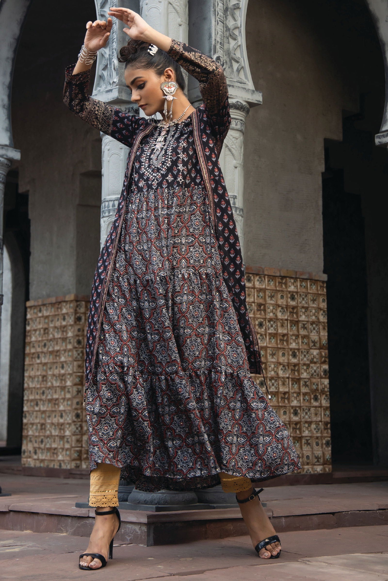 Juniper Black Chanderi Festive Printed Tiered Kurta For Women