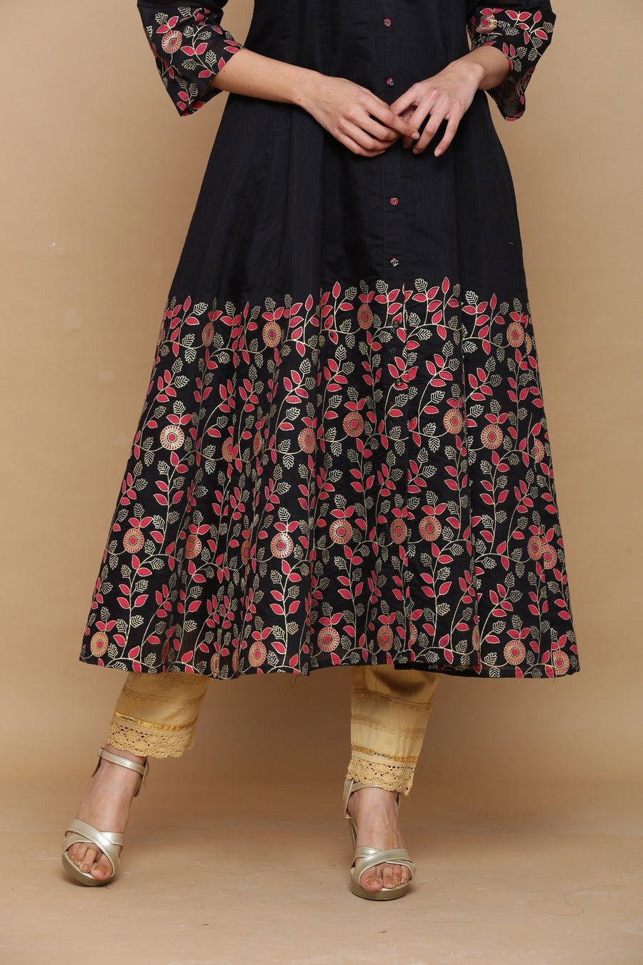 Juniper Black Chanderi Floral Printed Anarkali Women Kurta With Buttons