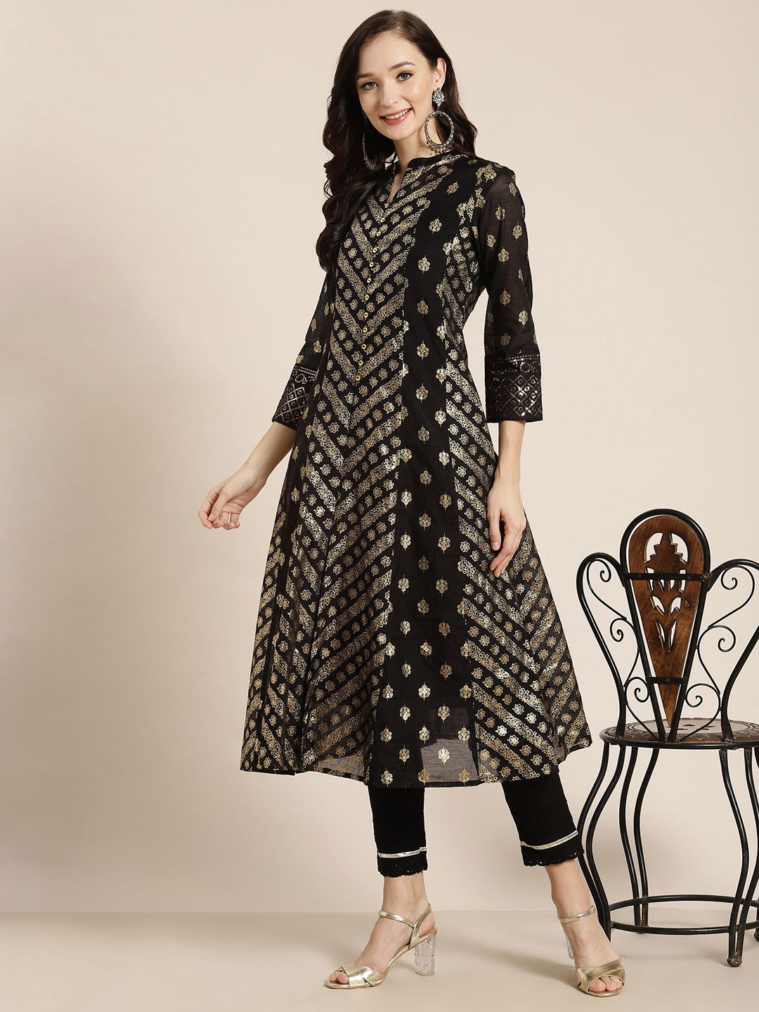 Juniper Black Chanderi Silk Printed Anarkali Kurta with Inner