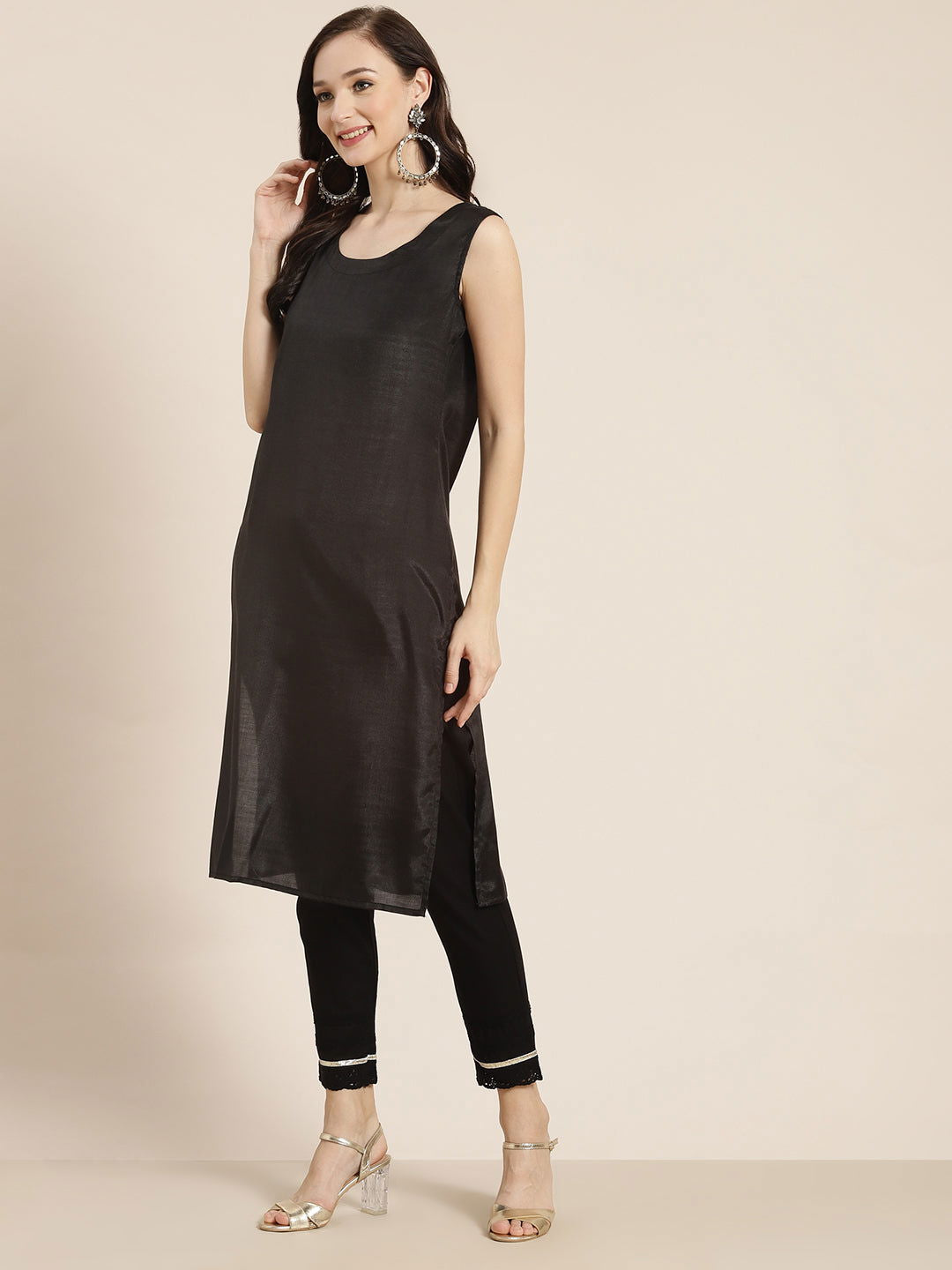Juniper Black Chanderi Silk Printed Anarkali Kurta with Inner