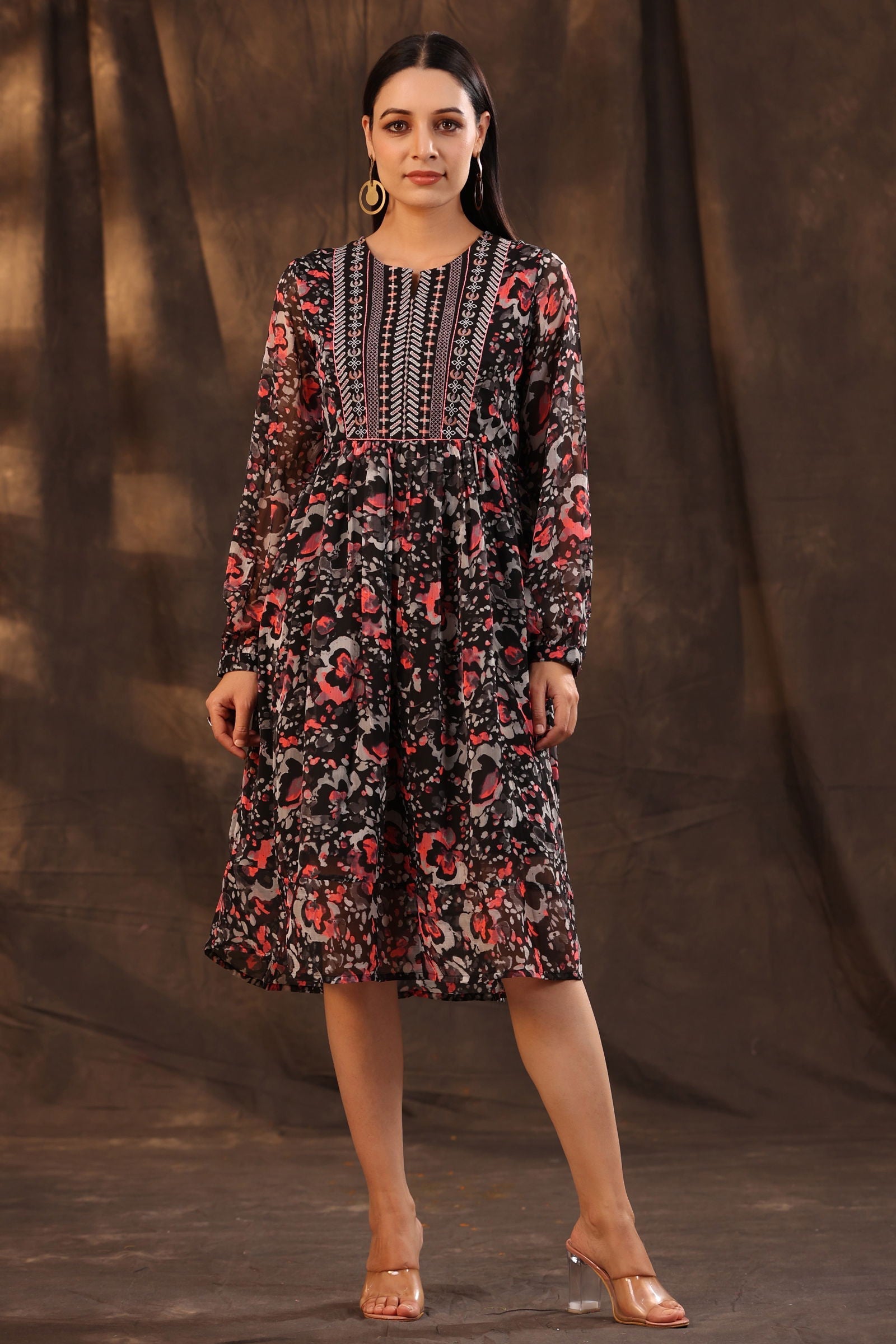 Juniper Black Chiffon Abstract Printed Flared Midi Dress.