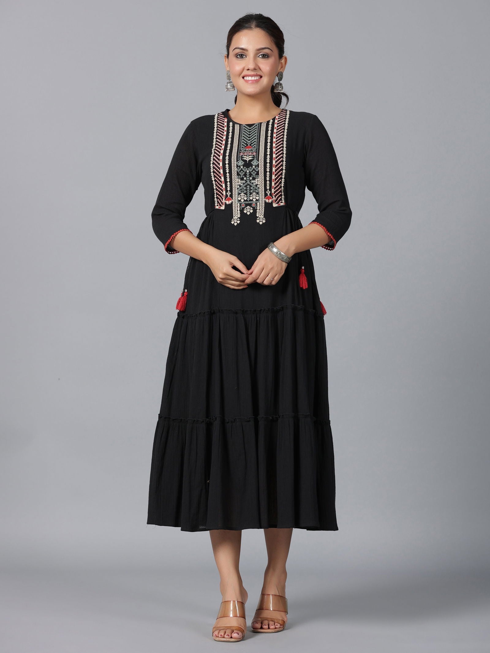 Juniper Black Cotton Crepe Tiered Maxi Dress With Thread Embroidery