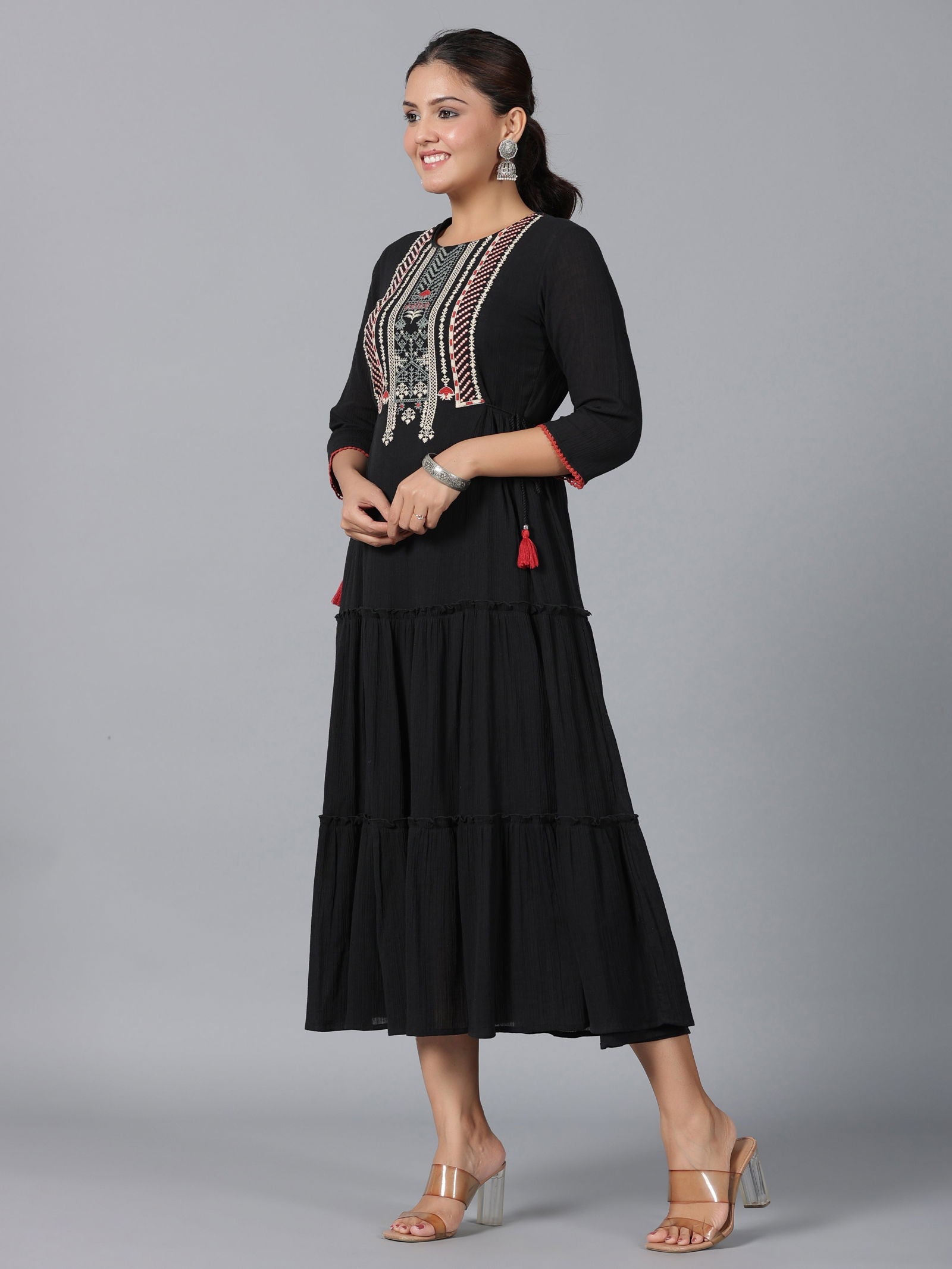 Juniper Black Cotton Crepe Tiered Maxi Dress With Thread Embroidery