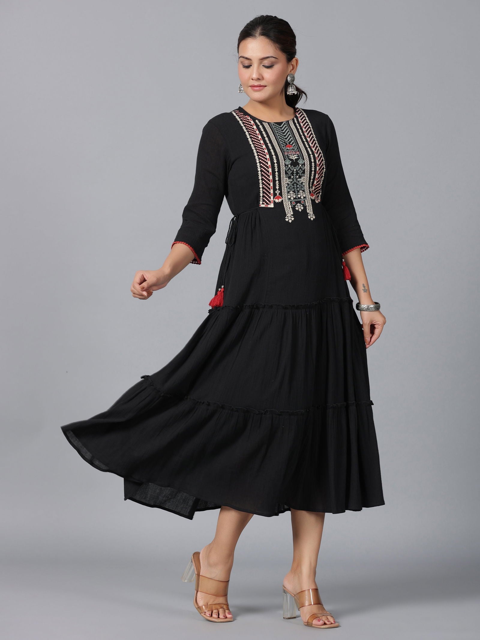Juniper Black Cotton Crepe Tiered Maxi Dress With Thread Embroidery