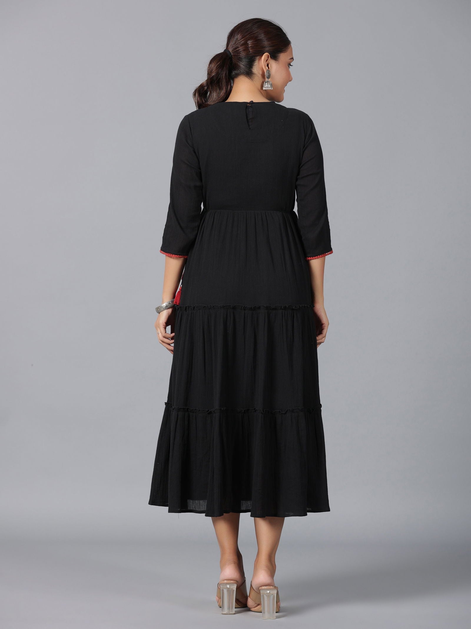 Juniper Black Cotton Crepe Tiered Maxi Dress With Thread Embroidery