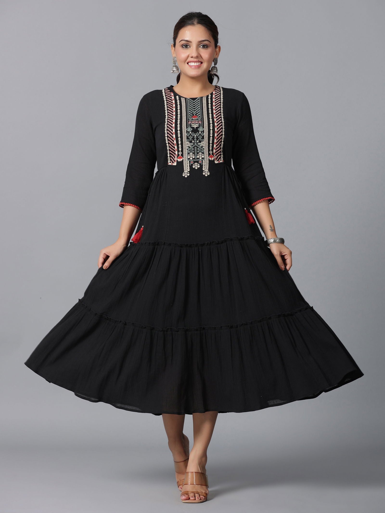 Juniper Black Cotton Crepe Tiered Maxi Dress With Thread Embroidery