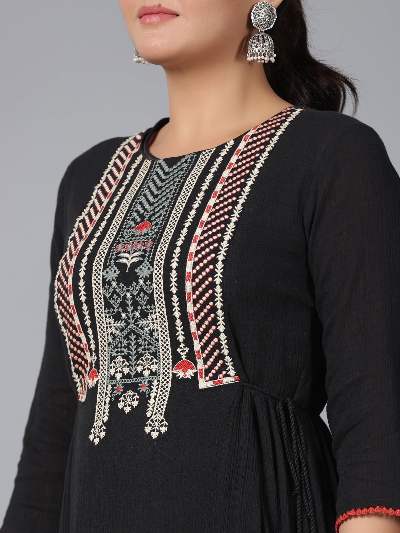Juniper Black Cotton Crepe Tiered Maxi Dress With Thread Embroidery