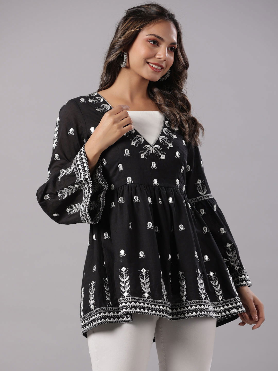 Juniper Black Cotton Dobby Peplum Tunic With Thread & Mirror Embroidery