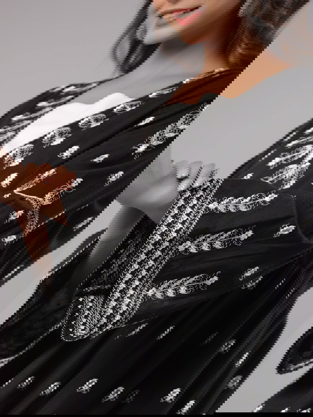 Juniper Black Cotton Dobby Peplum Tunic With Thread & Mirror Embroidery