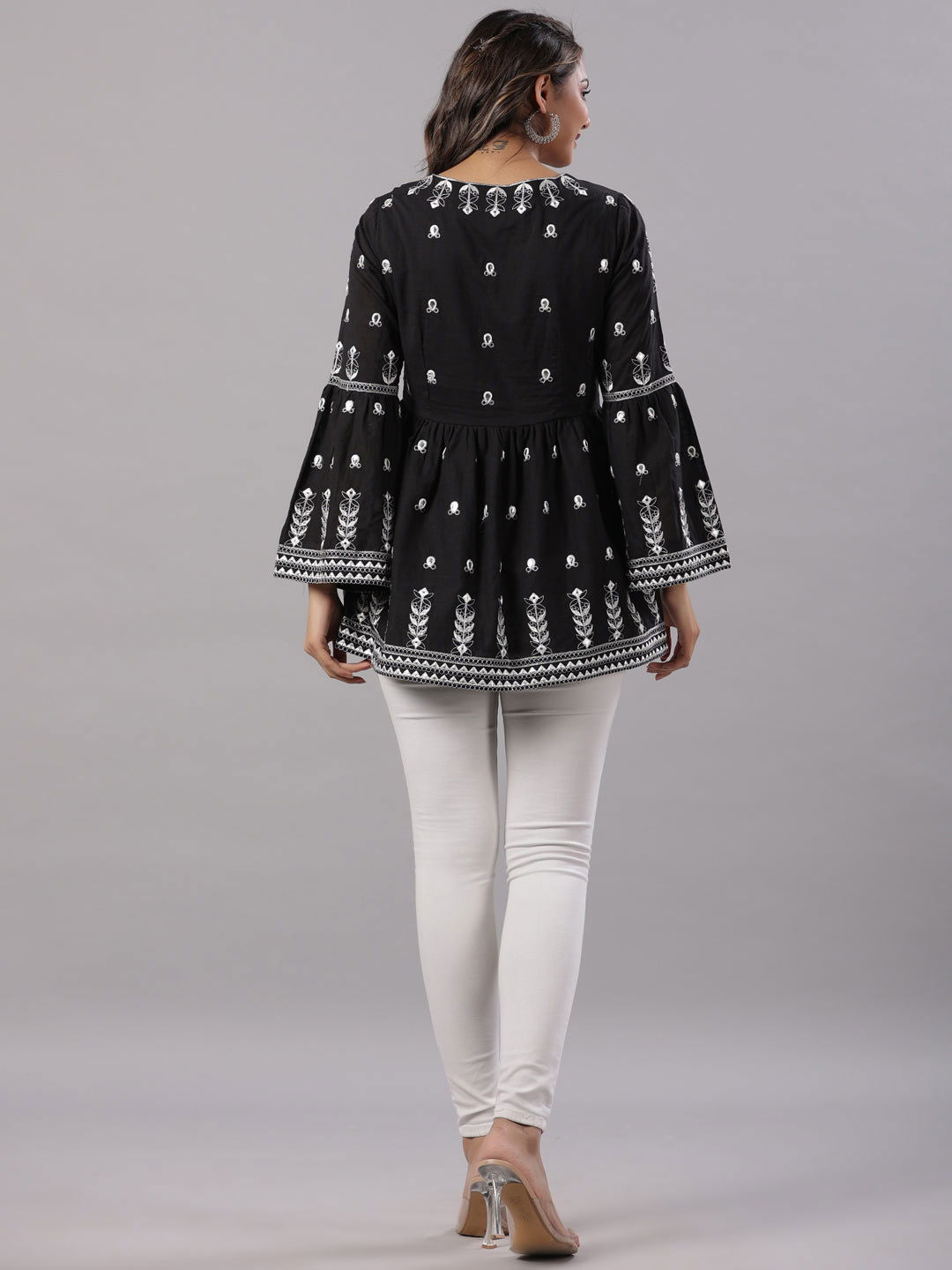 Juniper Black Cotton Dobby Peplum Tunic With Thread & Mirror Embroidery