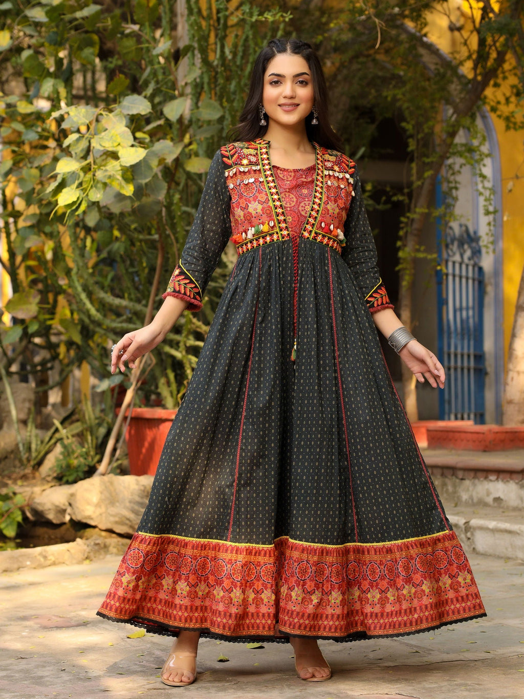chinese dress ladies Juniper Black Ethnic Cotton Layered Maxi Dress with Tassels