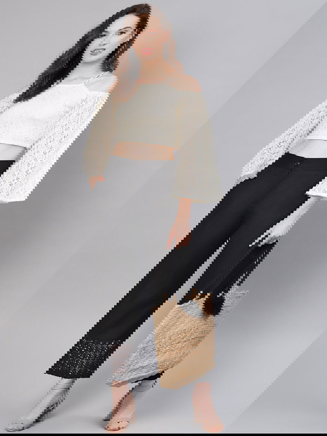 Juniper Black Cotton Flex Solid Wide Leg Women Palazzo With One Pocket