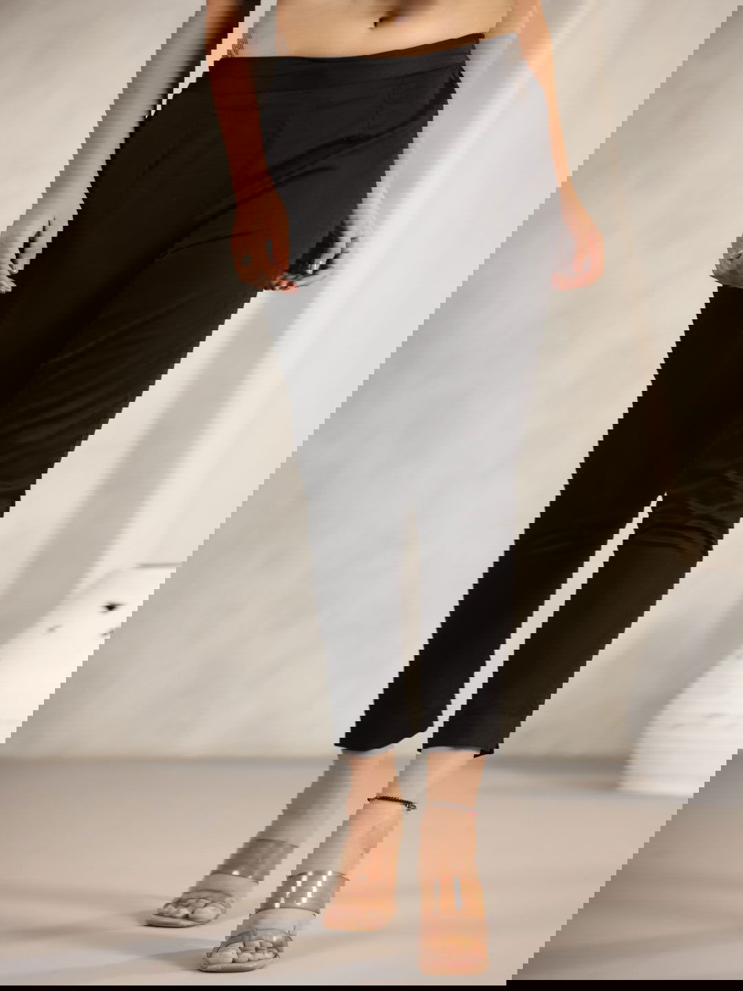 Juniper Black Cotton Lycra Pants For Women With Partially Elasticated Waistband