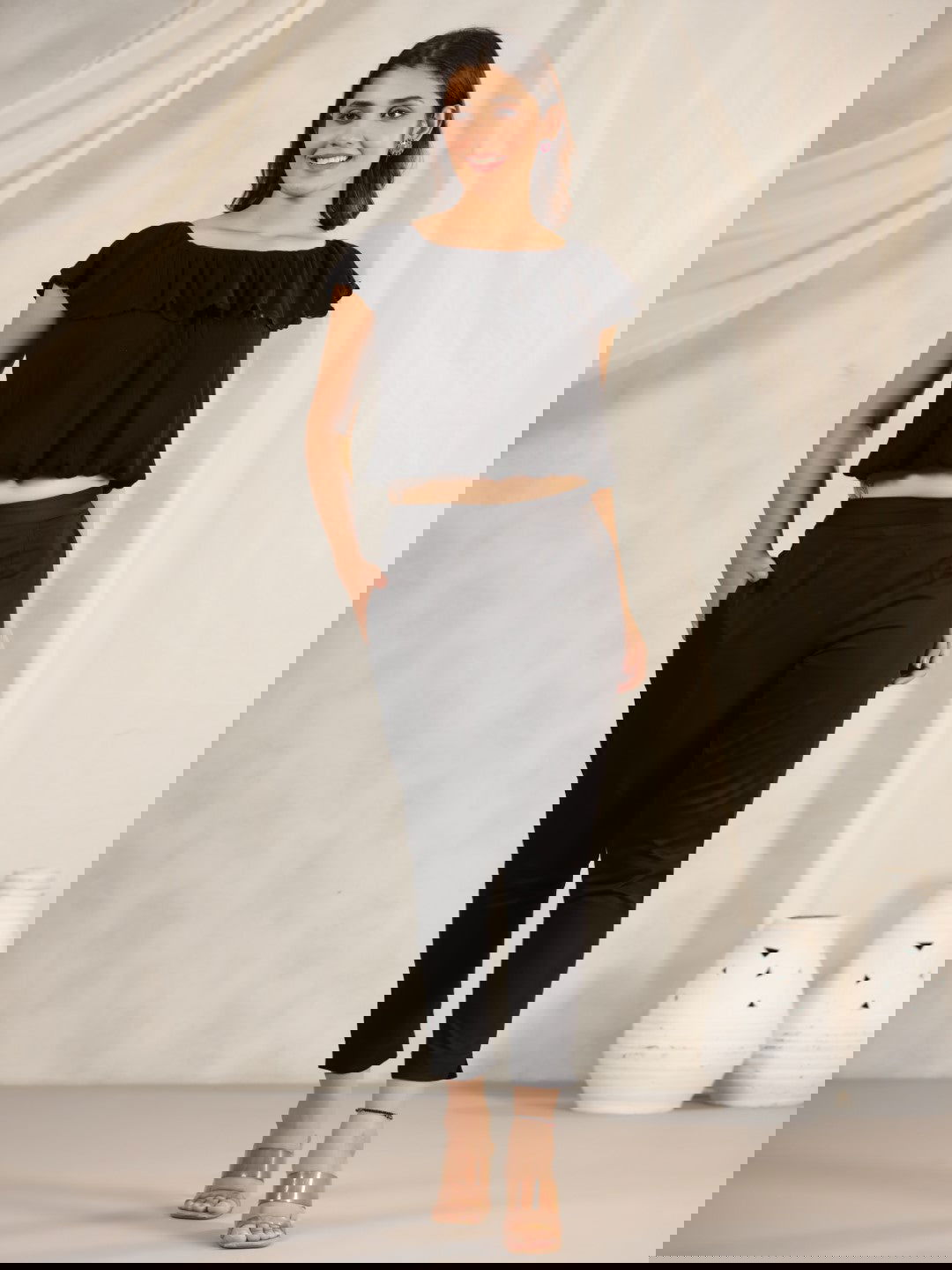 Juniper Black Cotton Lycra Pants For Women With Partially Elasticated Waistband