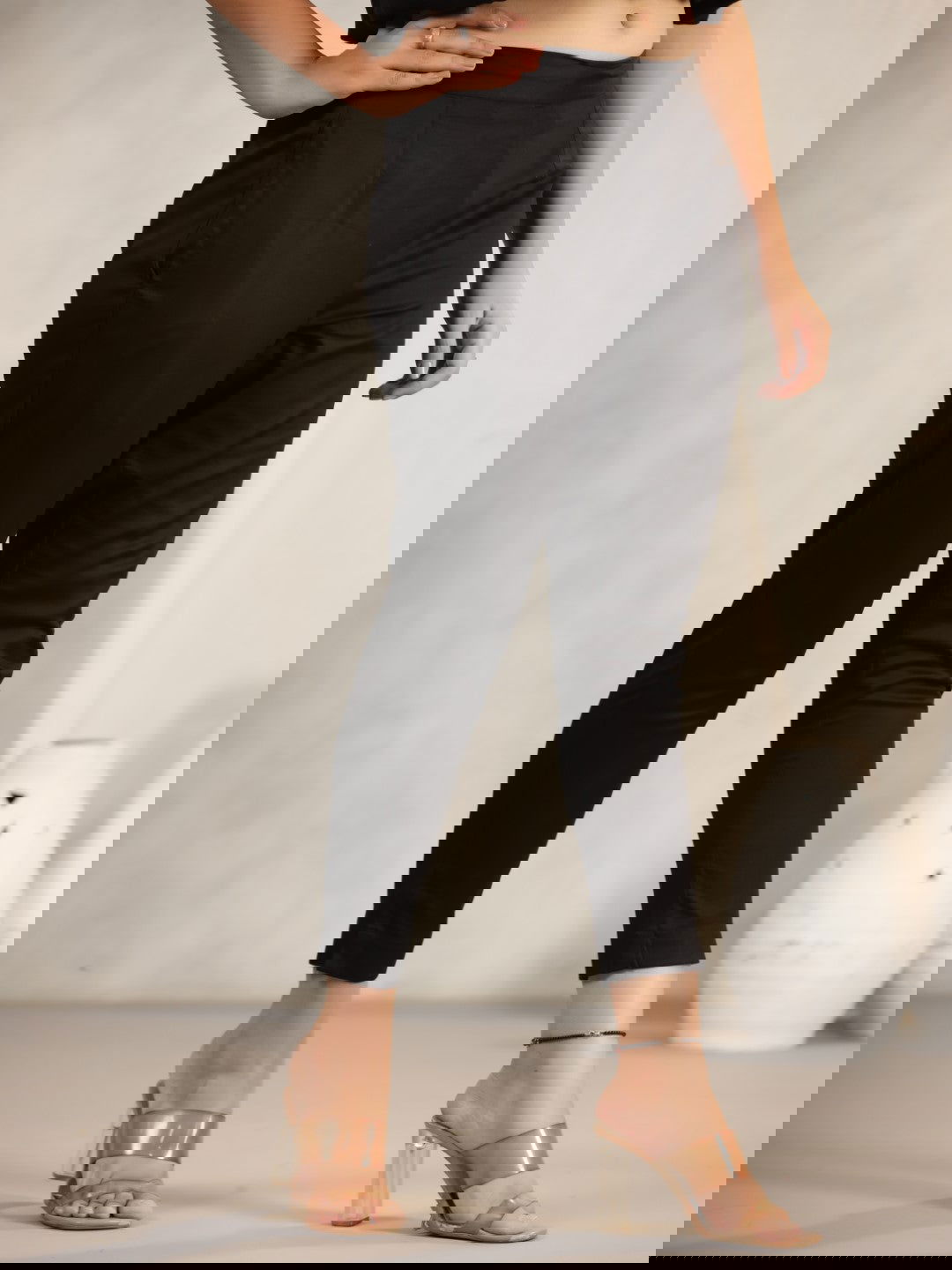 Juniper Black Cotton Lycra Pants For Women With Partially Elasticated Waistband