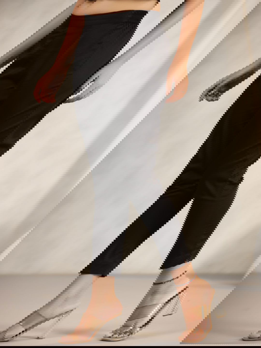 Juniper Black Cotton Lycra Pants For Women With Partially Elasticated Waistband