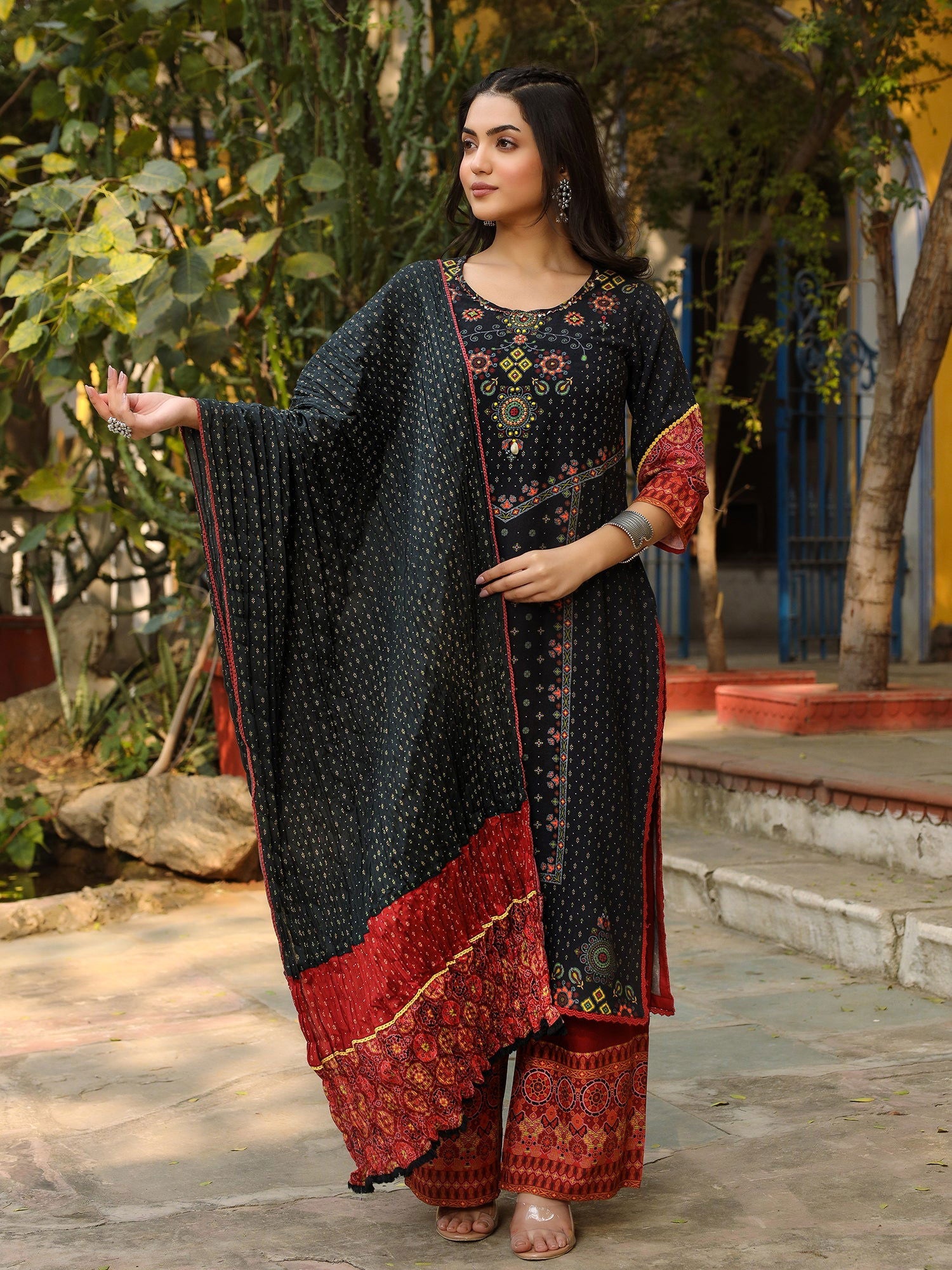 Juniper Black Ethnic Motif Placement Printed Rayon Kurta With Pant And Dupatta With Bead & Sequence Work