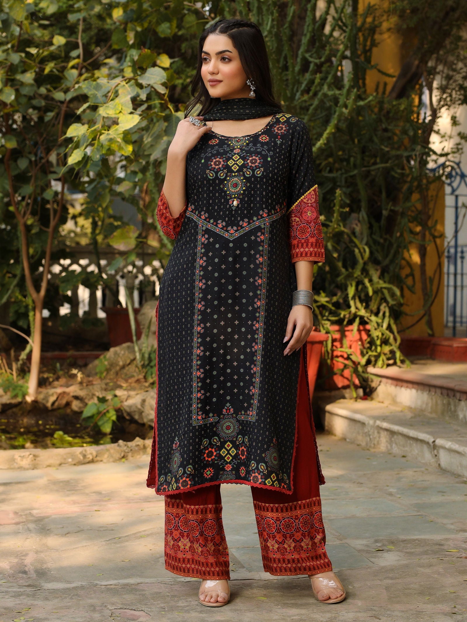 Juniper Black Ethnic Motif Placement Printed Rayon Kurta With Pant And Dupatta With Bead & Sequence Work