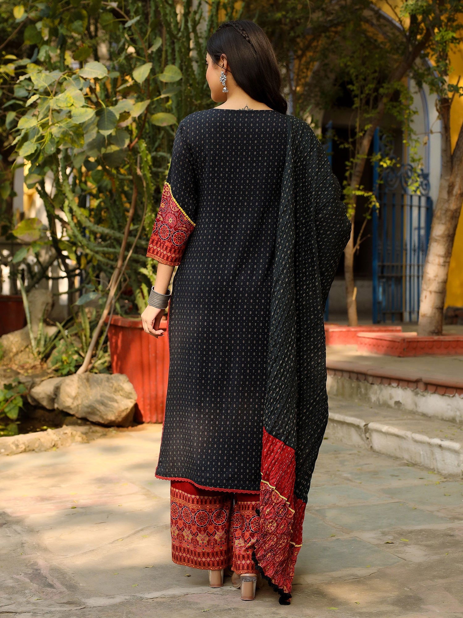 Juniper Black Ethnic Motif Placement Printed Rayon Kurta With Pant And Dupatta With Bead & Sequence Work