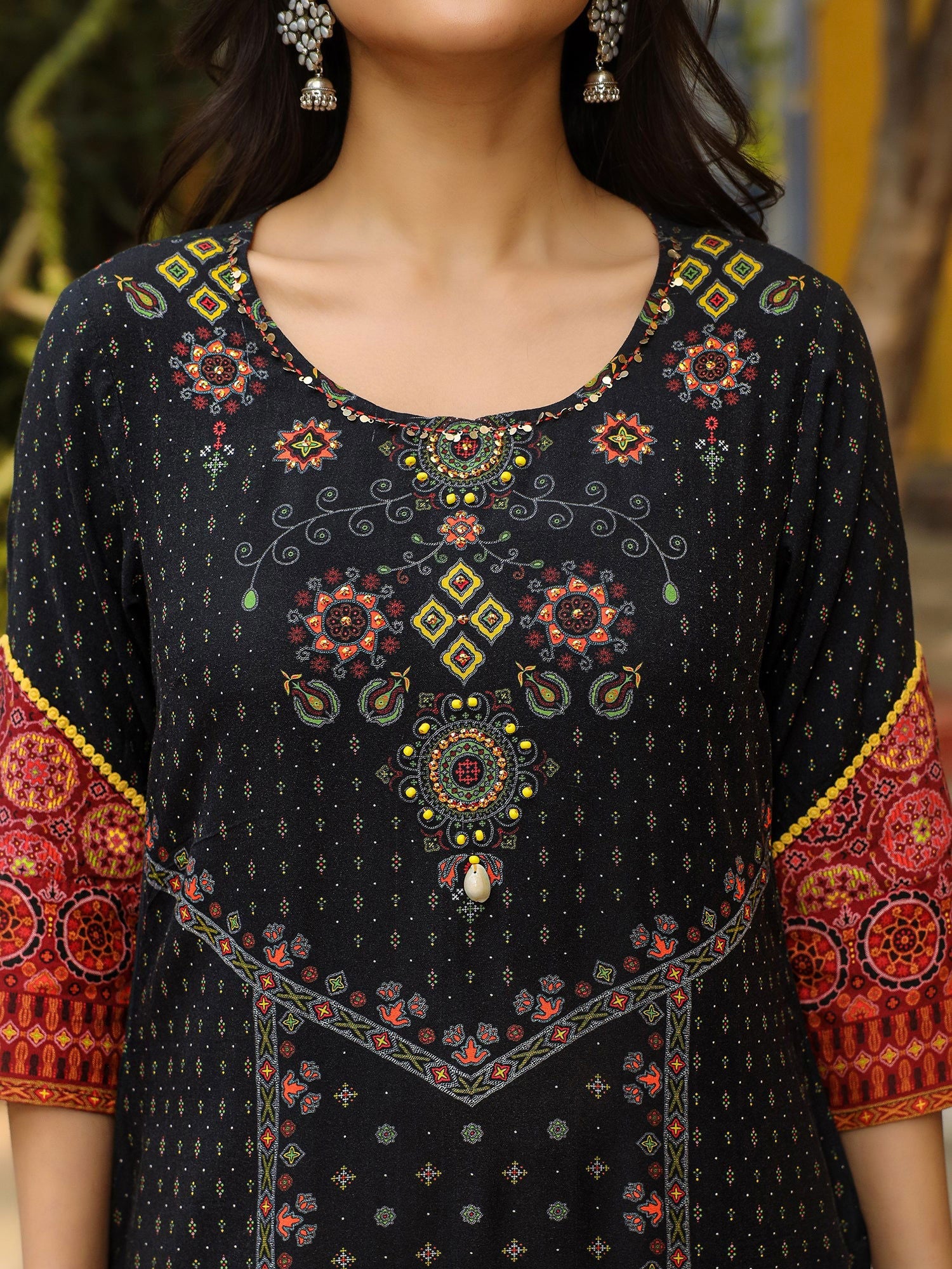 Juniper Black Ethnic Motif Placement Printed Rayon Kurta With Pant And Dupatta With Bead & Sequence Work