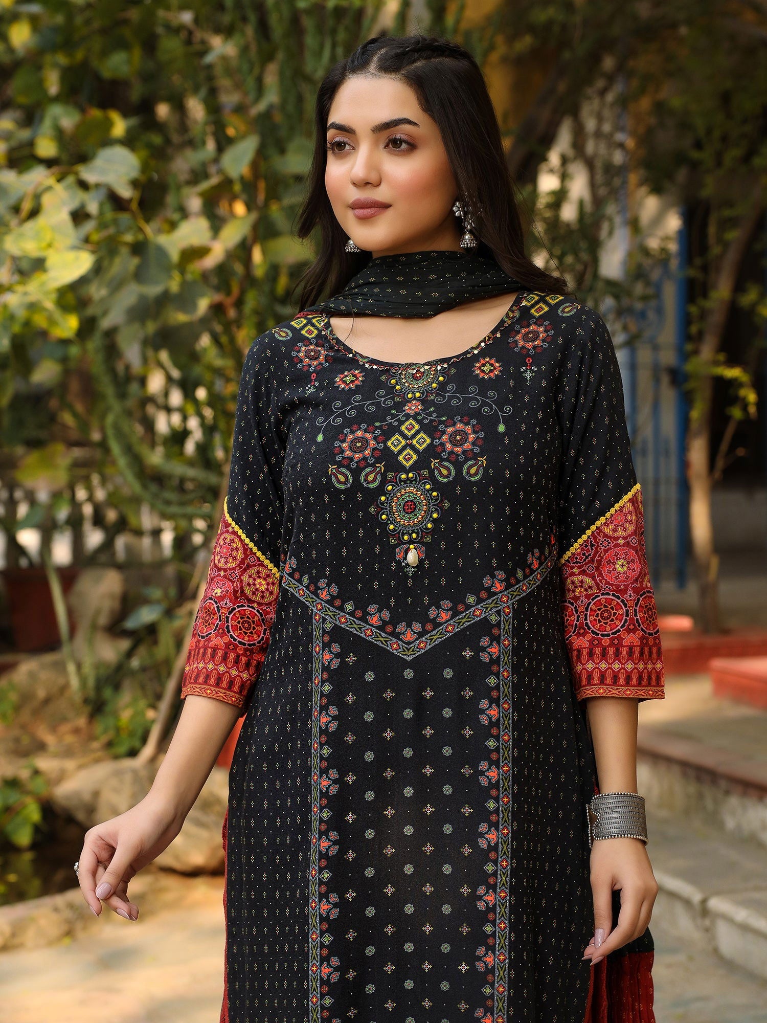 Juniper Black Ethnic Motif Placement Printed Rayon Kurta With Pant And Dupatta With Bead & Sequence Work