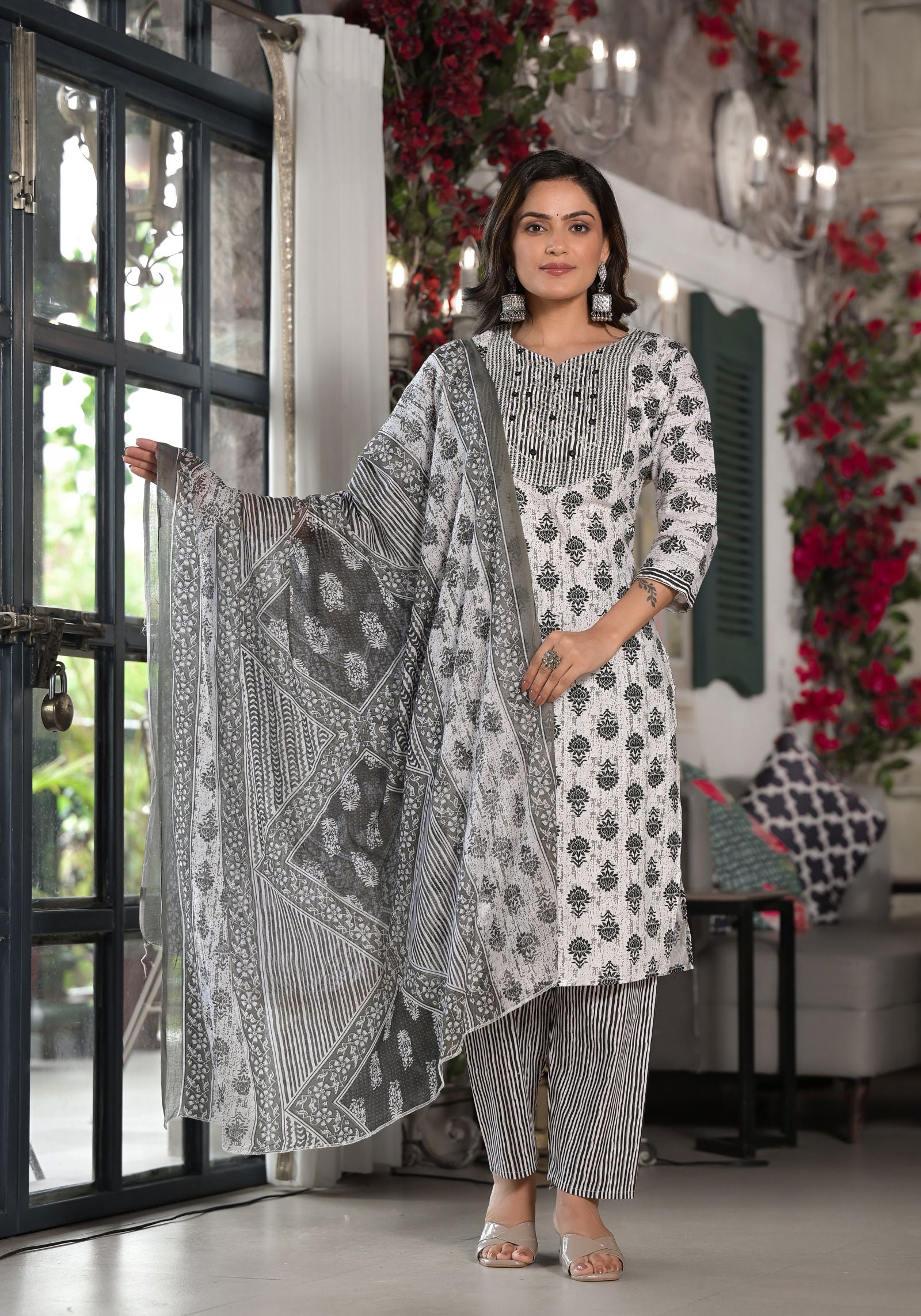 Juniper Black Ethnic Motif Printed Cotton Kurta, Pant And Dupatta Set With Mirror & Thread Work