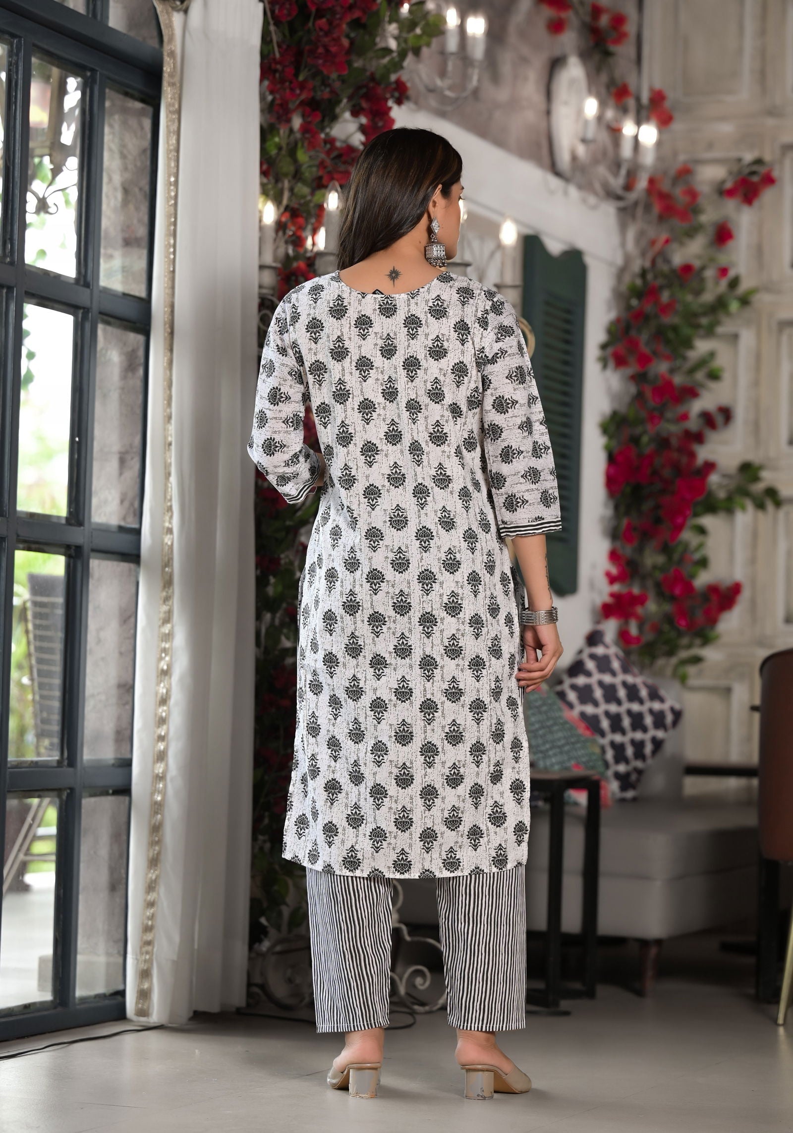 Juniper Black Ethnic Motif Printed Cotton Kurta, Pant And Dupatta Set With Mirror & Thread Work