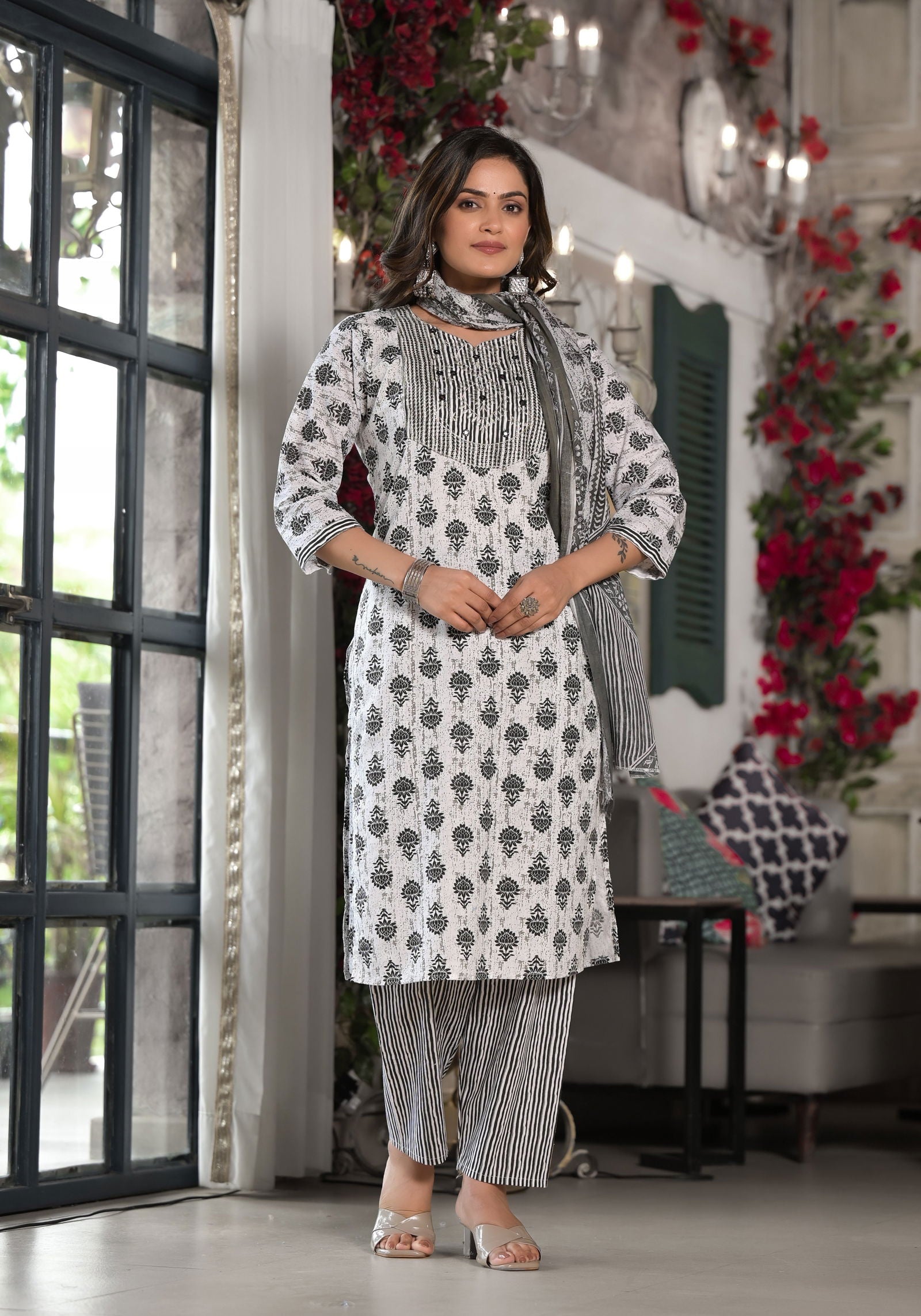 Juniper Black Ethnic Motif Printed Cotton Kurta, Pant And Dupatta Set With Mirror & Thread Work