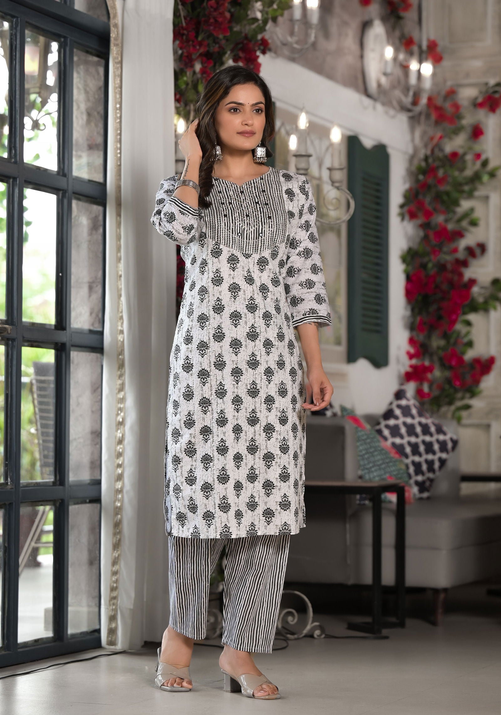 Juniper Black Ethnic Motif Printed Cotton Kurta, Pant And Dupatta Set With Mirror & Thread Work