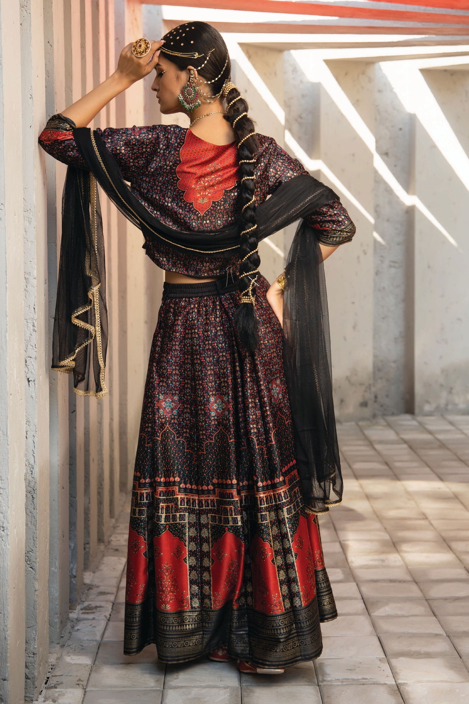 Juniper Black Ethnic Motif Printed Dull Satin Lehenga Choli & Net Dupatta Set