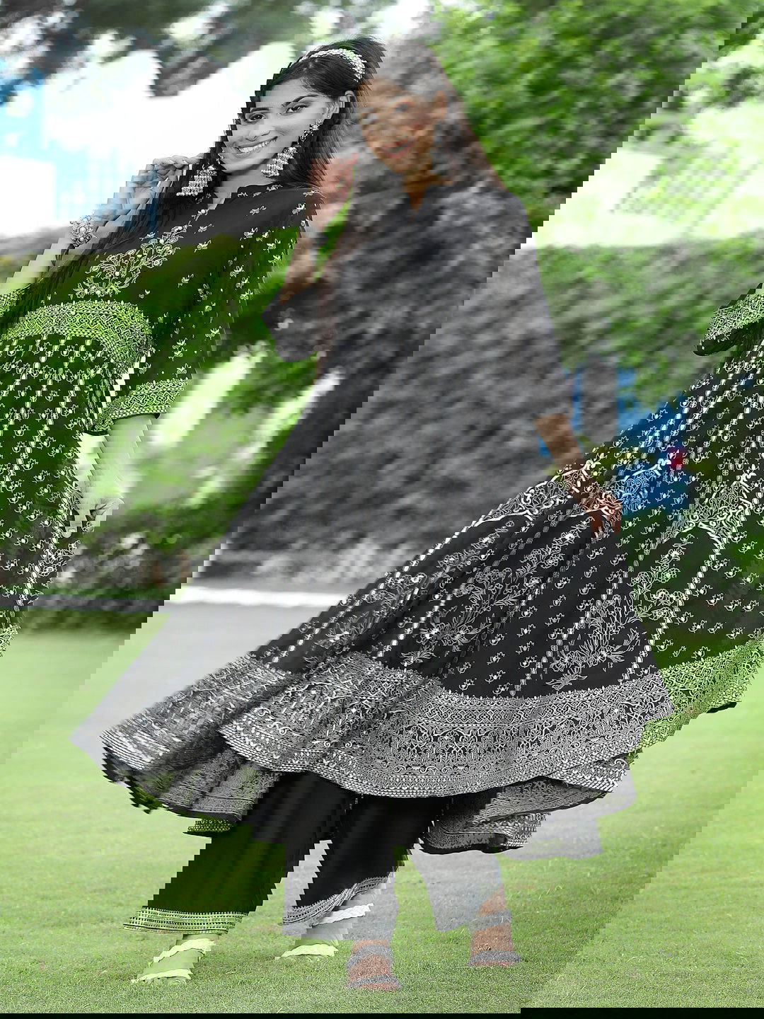 Black Ethnic Motif Georgette Anarkali Kurta Palazzo Set Juniper