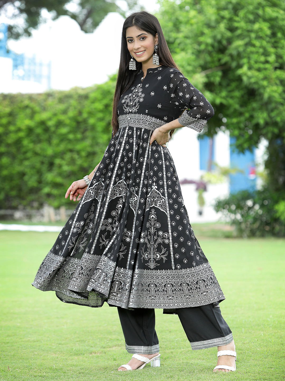 Juniper Black Ethnic Motif Printed Georgette Anarkali Kurta & Palazzo Set With Buttons