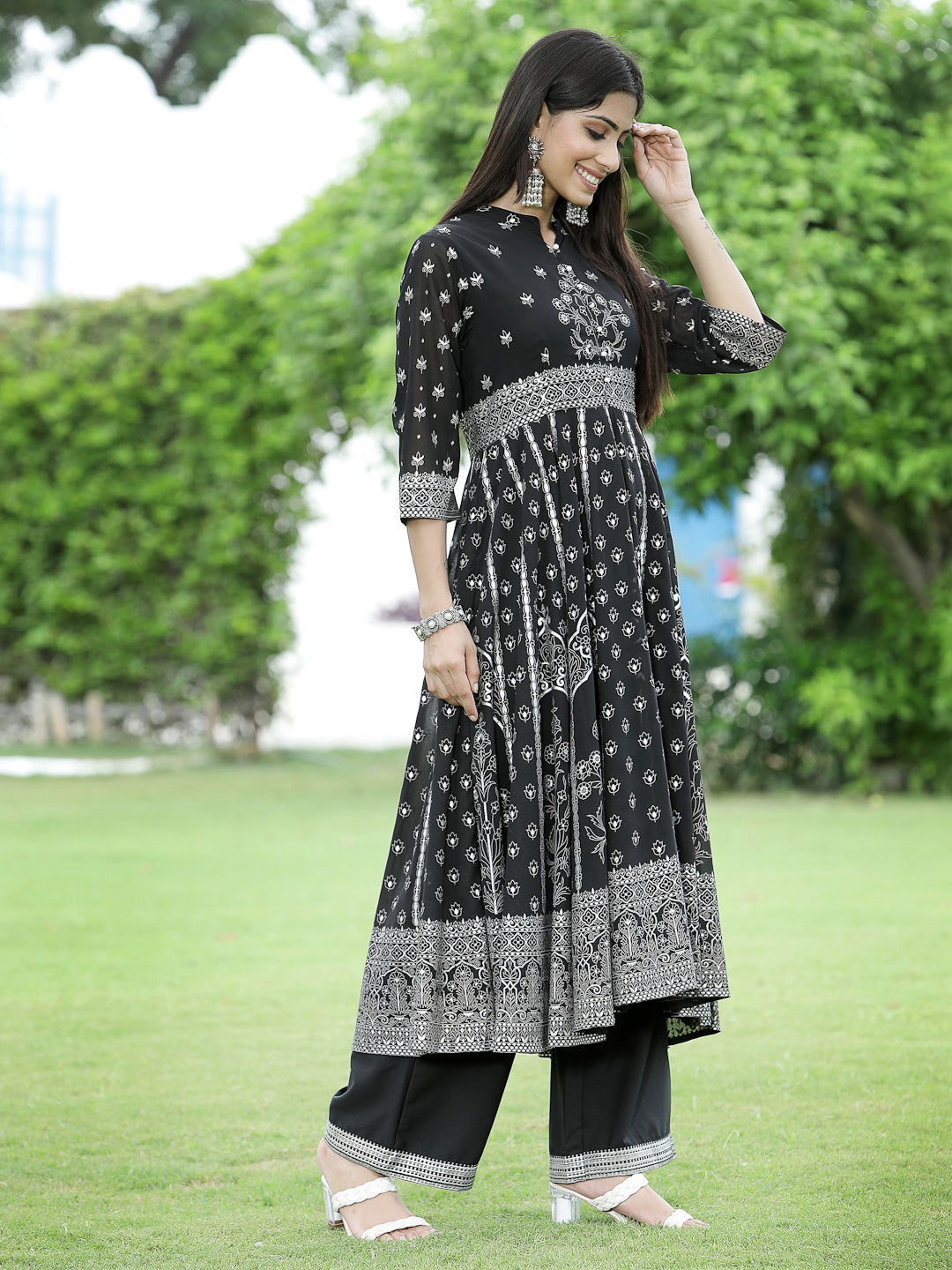 Juniper Black Ethnic Motif Printed Georgette Anarkali Kurta & Palazzo Set With Buttons